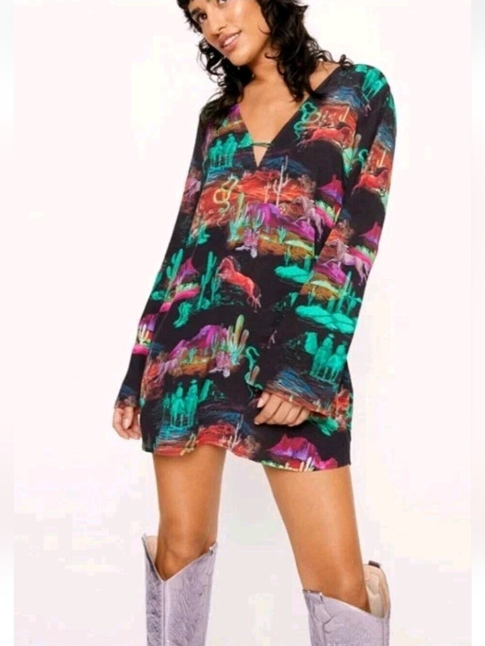 Nasty Gal Black Mini Dress with Neon Green Pink and Orange Scenic Print